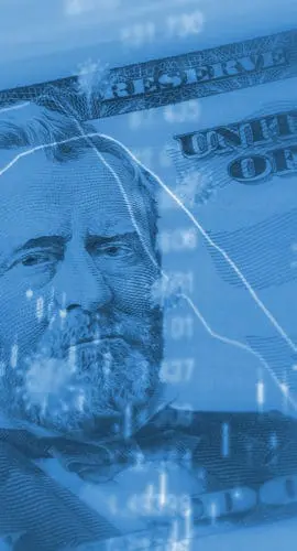 A U.S. dollar bill with a person's portrait is overlaid with stock market data and coronavirus images, all in a blue tint.
