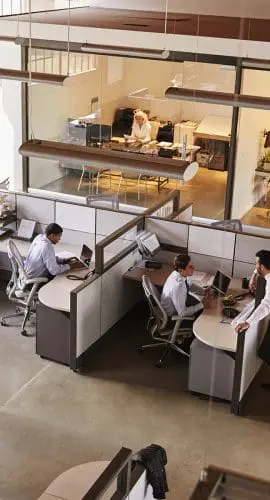 Professionals are working and collaborating in a modern open-plan office space with cubicles and hanging lights.